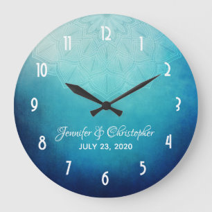 Pretty Blue Mandala Abstract Wedding Large Clock
