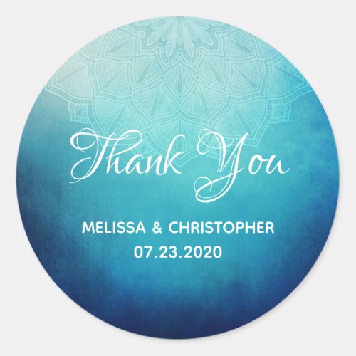 Pretty Blue Mandala Abstract Wedding Thank You Classic Round Sticker