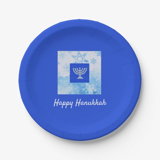 Pretty Blue Menorah Hanukkah Paper Plates (Front)