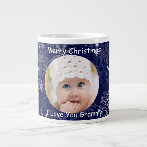 Pretty Blue Merry Christmas Snowflakes Photo Giant Coffee Mug