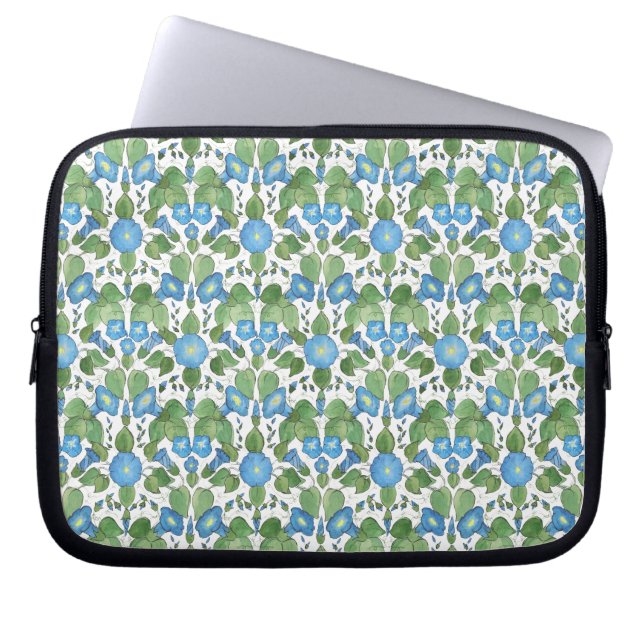 Pretty Blue Morning Glory Neoprene Laptop Sleeve (Front)