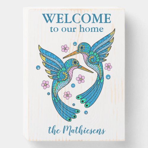Pretty Blue Mosaic Hummingbird Welcome Wooden Box Sign