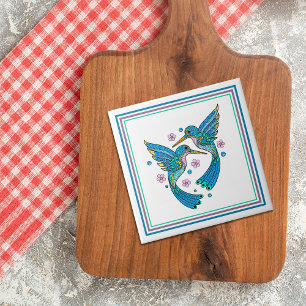 Pretty Blue Mosaic Hummingbirds Ceramic Tile