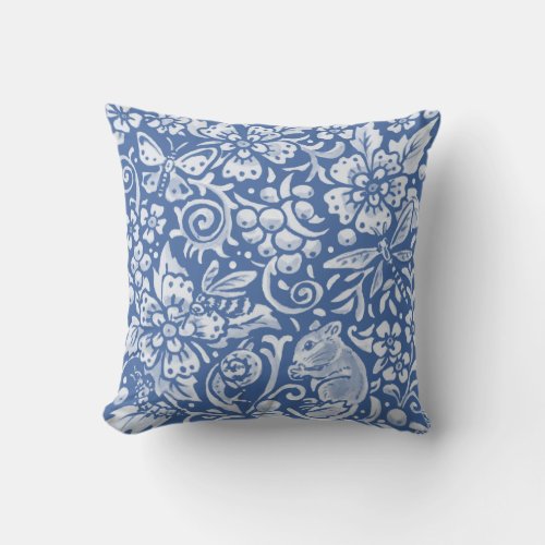Pretty Blue Mouse Insects Forest Woodland Floral Throw Pillow