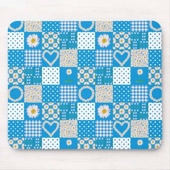 Pretty Blue Mousepad: Daisychains, Faux Patchwork Mouse Pad (Front)