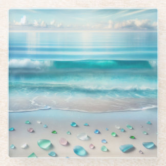 Pretty Blue Ocean Waves and Sea Glass Coaster