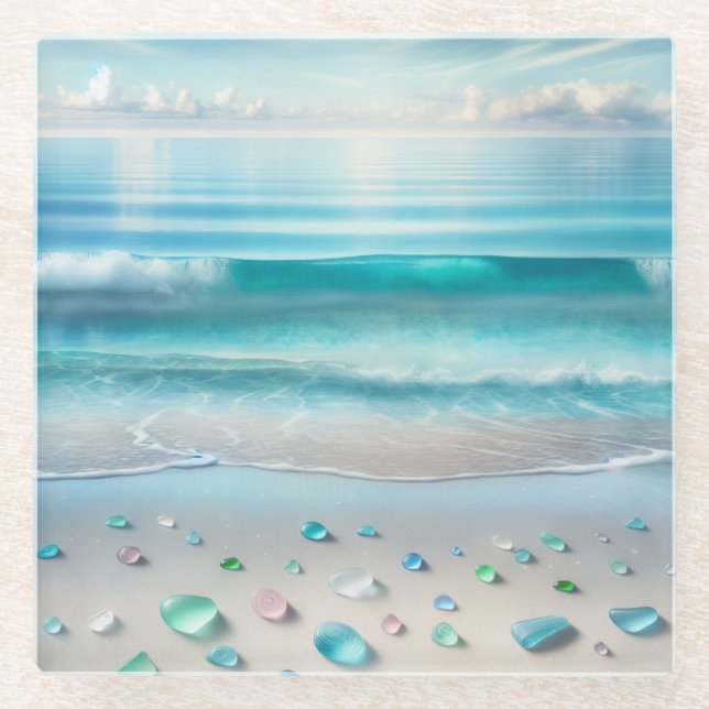 Pretty Blue Ocean Waves and Sea Glass  Coaster (Front)