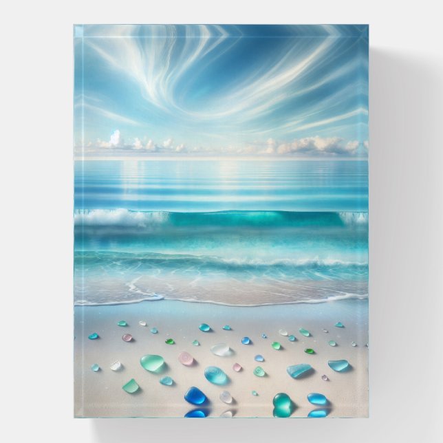 Pretty Blue Ocean Waves and Sea Glass  Paperweight (Vertical)