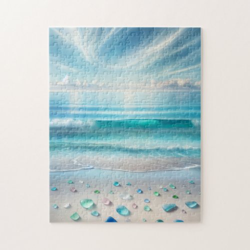 Pretty Blue Ocean Waves and Sea Glass Personalized Jigsaw Puzzle