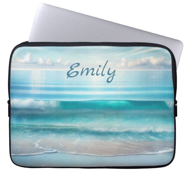 Pretty Blue Ocean Waves and Sea Glass Personalized Laptop Sleeve (Front)