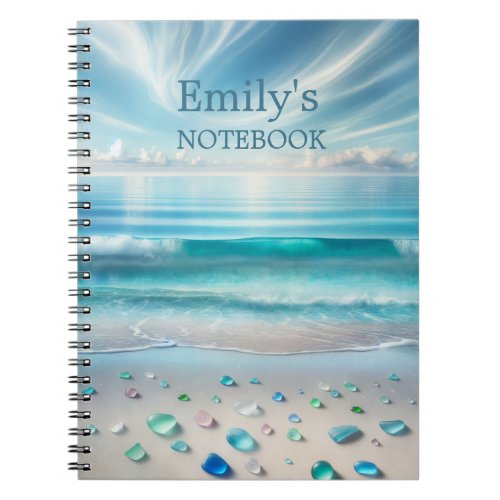 Pretty Blue Ocean Waves and Sea Glass Personalized Notebook