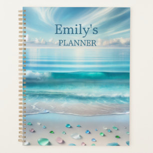 Pretty Blue Ocean Waves and Sea Glass Personalized Planner