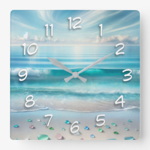 Pretty Blue Ocean Waves and Sea Glass  Square Wall Clock