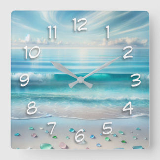 Pretty Blue Ocean Waves and Sea Glass Square Wall Clock