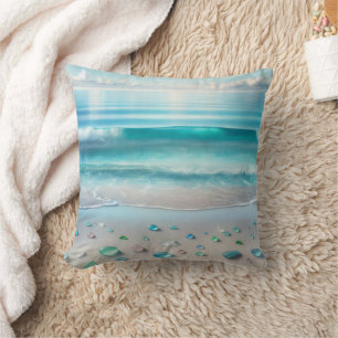 Pretty Blue Ocean Waves and Sea Glass Throw Pillow