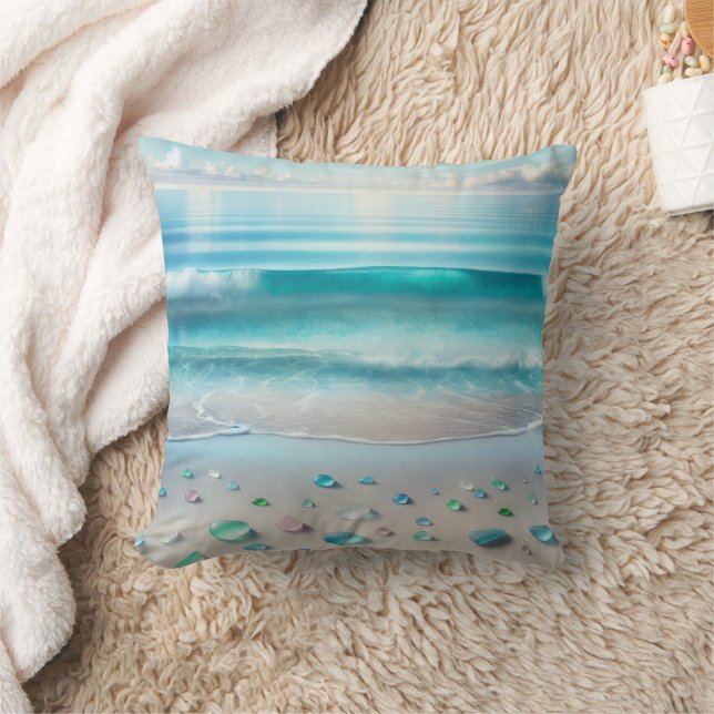 Pretty Blue Ocean Waves and Sea Glass  Throw Pillow (Blanket)