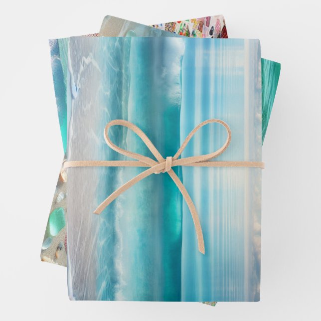 Pretty Blue Ocean Waves and Sea Glass  Wrapping Paper Sheets (In situ)