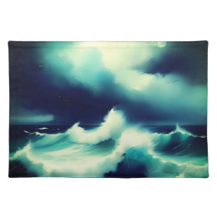 Pretty Blue Ocean waves watercolor painting Cloth Placemat