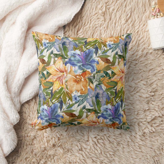 Pretty Blue Orange Tiger Lilies Flowers  Throw Pillow (Blanket)