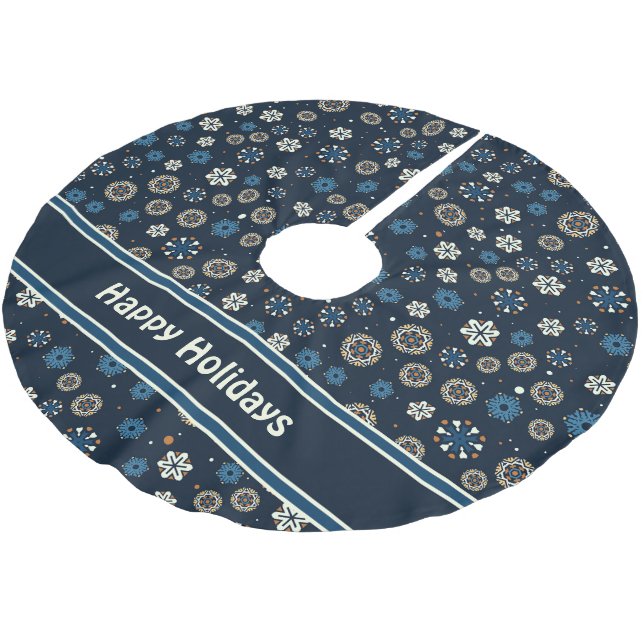 Pretty Blue Orange White Scandinavian Snowflakes Brushed Polyester Tree Skirt (Angled)