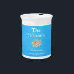 Pretty Blue Parchment Drink Pitcher<br><div class="desc">Serve your guests a refreshing drink with a lovely pitcher. Blue parchment design sets the stage for this eye catching design. The font is white, and there is a pink and white flower in the middle. Your name is written above the flower and "Love is our secret ingredient" beneath. Floral...</div>