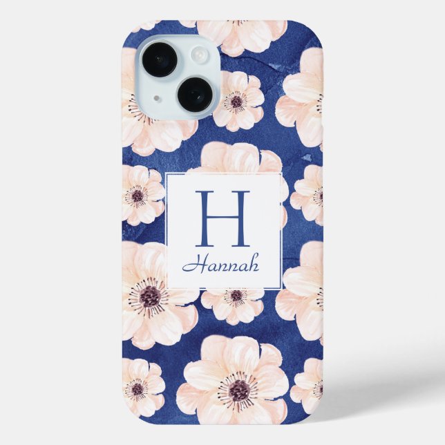 Pretty Blue Peach Floral Pattern Monogram Case-Mate iPhone Case (Back)