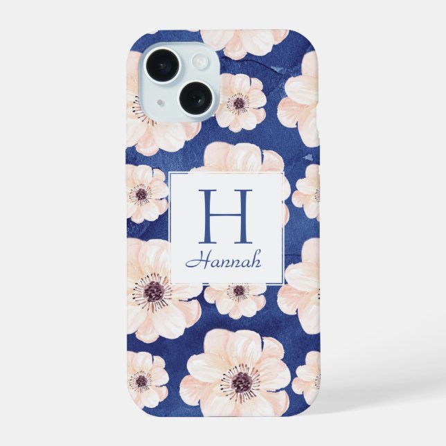 Pretty Blue Peach Floral Pattern Monogram Iphone Case (Back)