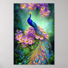 Pretty blue peacock and purple floral poster