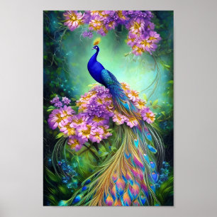 Pretty blue peacock and purple floral poster