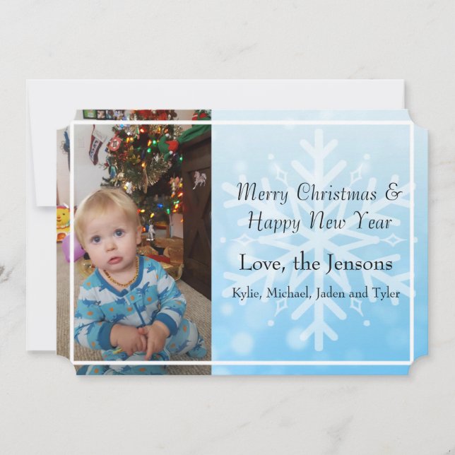 Pretty Blue Personalize Snowflake Photo Christmas Invitation (Front)