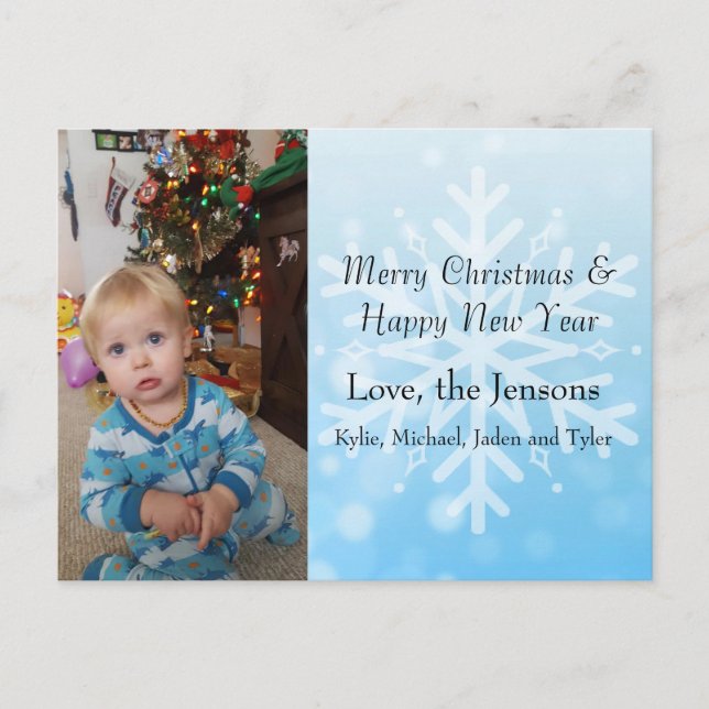 Pretty Blue Personalize Snowflake Photo Christmas Postcard (Front)