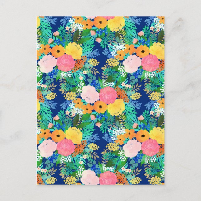 Pretty Blue Pink Flowers Boho Design Holiday Postcard (Front)