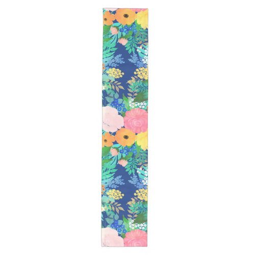 Pretty Blue Pink Flowers Boho Design Medium Table Runner