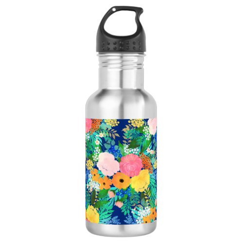 Pretty Blue Pink Flowers Boho Design Stainless Steel Water Bottle