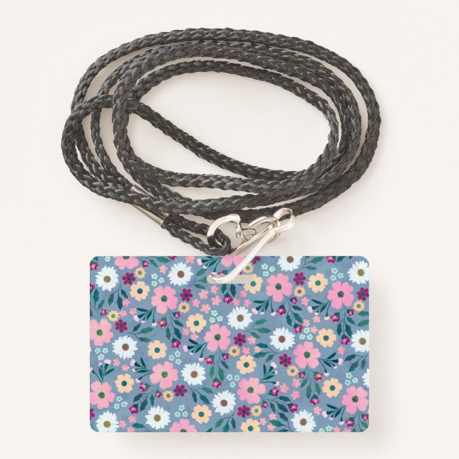 Pretty Blue Pink flowers Botanical Badge (Front with Lanyard)