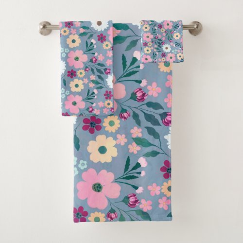 Pretty Blue Pink flowers Botanical Bath Towel Set
