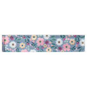 Pretty Blue Pink flowers Botanical Desk Name Plate