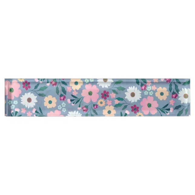 Pretty Blue Pink flowers Botanical Desk Name Plate (Front)