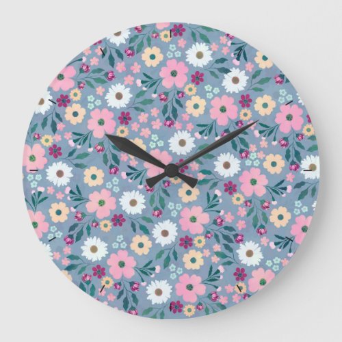 Pretty Blue Pink flowers Botanical Large Clock