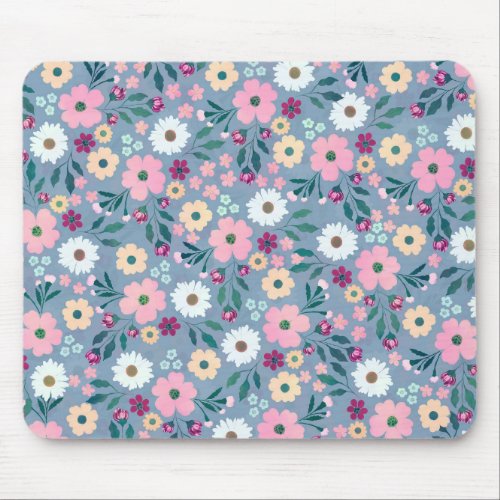 Pretty Blue Pink flowers Botanical Mouse Pad