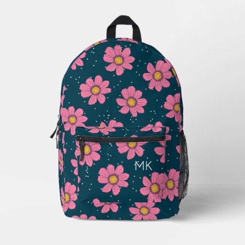 Pretty Blue Pink Flowers Pattern Monogram Initials Printed Backpack