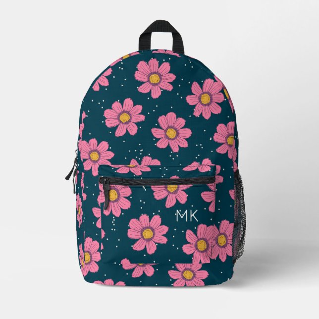Pretty Blue Pink Flowers Pattern Monogram Initials Printed Backpack (Front)