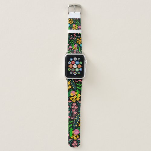 Pretty Blue Pink Garden Flowers Black Design Apple Watch Band