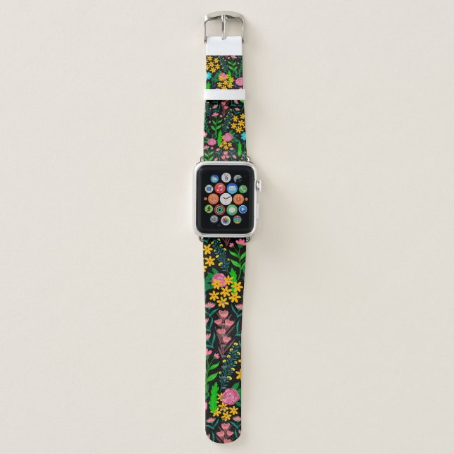 Pretty Blue Pink Garden Flowers Black Design Apple Watch Band (Front)