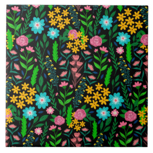 Pretty Blue Pink Garden Flowers Black Design Ceramic Tile