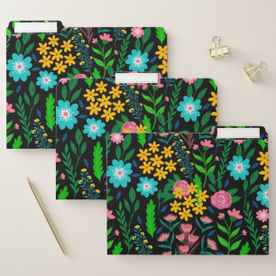 Pretty Blue Pink Garden Flowers Black Design File Folder