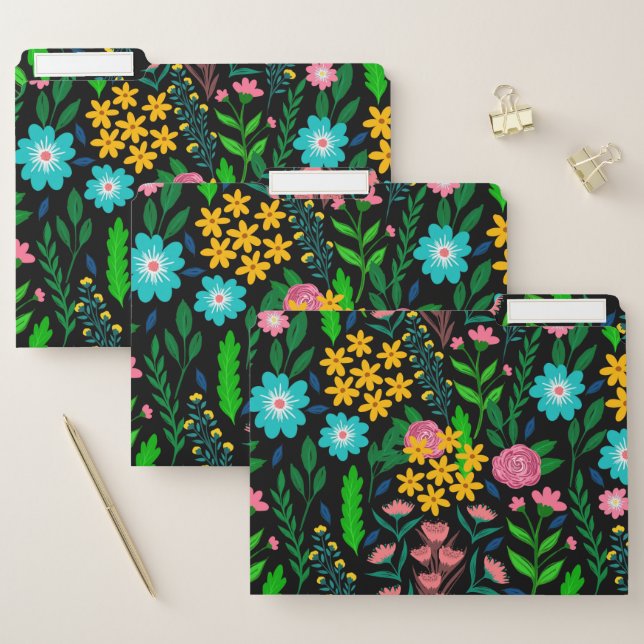 Pretty Blue Pink Garden Flowers Black Design File Folder (Set)