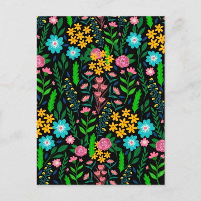 Pretty Blue Pink Garden Flowers Black Design Holiday Postcard (Front)