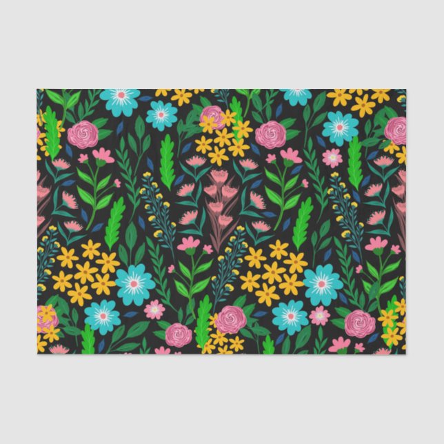 Pretty Blue Pink Garden Flowers Black Design Tissue Paper (Front)