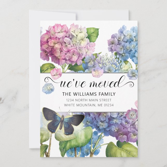 Pretty Blue Pink Hydrangea Floral Butterfly Moving Announcement (Front)